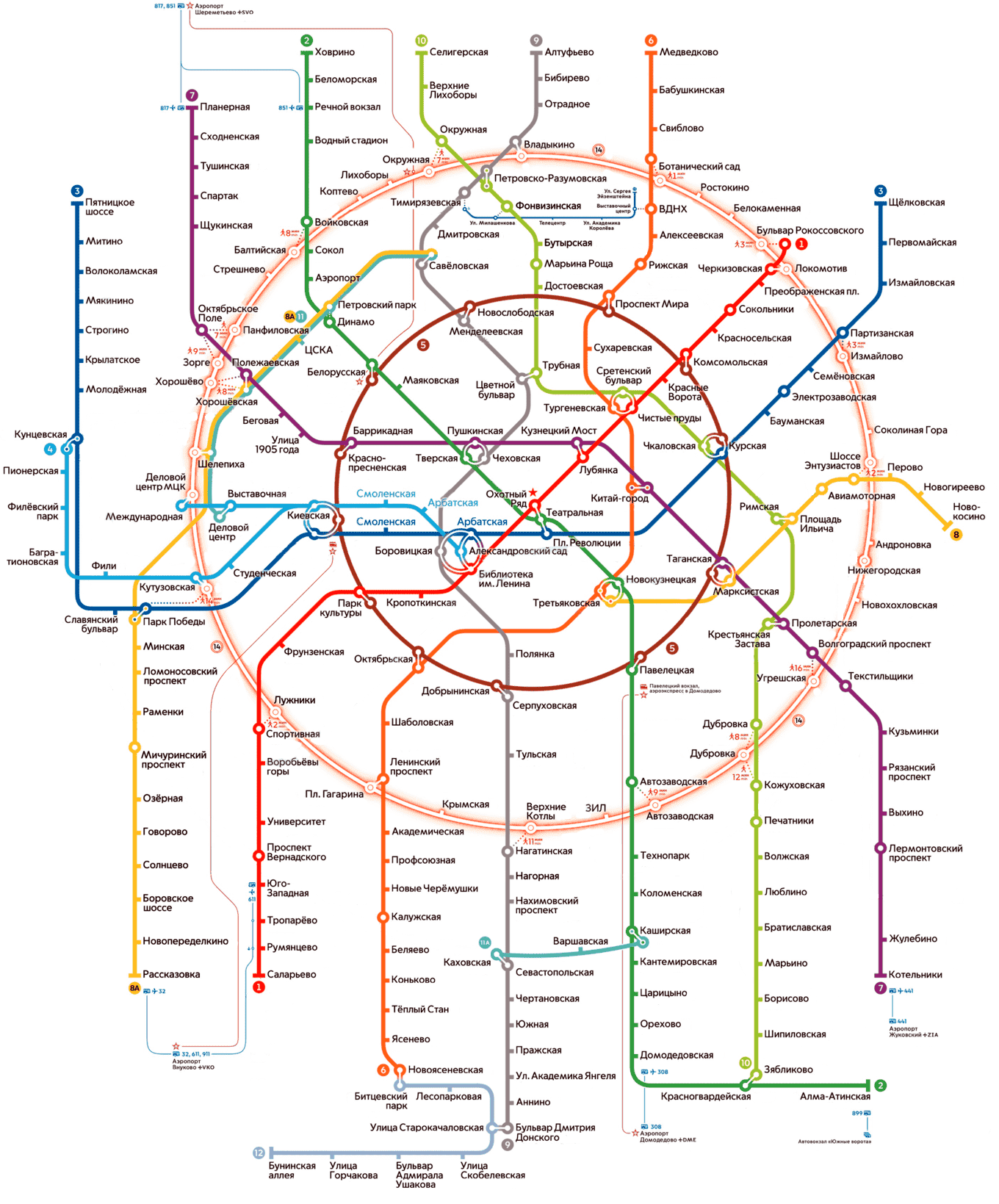 Схема метро Москвы со станциями и маршрутом