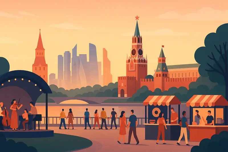 Летний вечер на набережной Москвы-реки: жители слушают open-air концерт на фоне Кремля и башен Moscow City