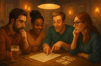 Команда друзей играет в интеллектуальный квиз в уютном баре