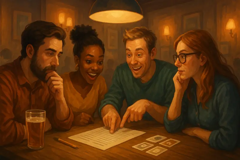 Команда друзей играет в интеллектуальный квиз в уютном баре